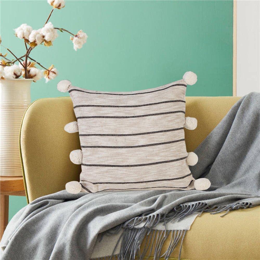 Ox Bay 20" x 20" Hand-Woven Tan/ Black Stripe Jute Cotton Blend Pillow Cover