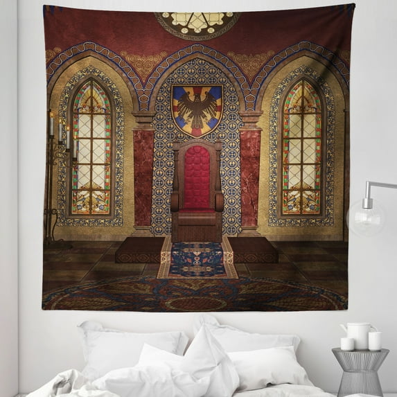 Gothic Tapestry, Red Medieval in Chapel Eagle Portrait on Wall Fantasy Building Print, Fabric Wall Hanging Decor for Bedroom Living Room Dorm, 5 Sizes, Brown Ruby, by Ambesonne
