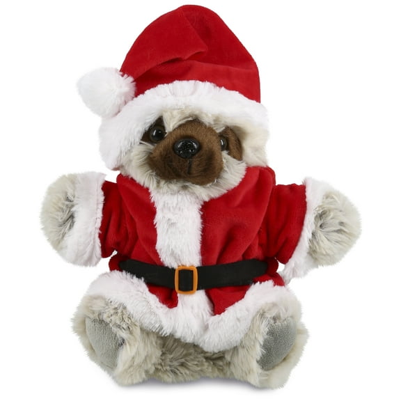DolliBu Santa Sloth Stuffed Animal Plush Hand Puppet - Super Soft Wild Animal Dress Up with Red Santa Claus Outfit, Cute Holiday Christmas Gift - 9 Inches