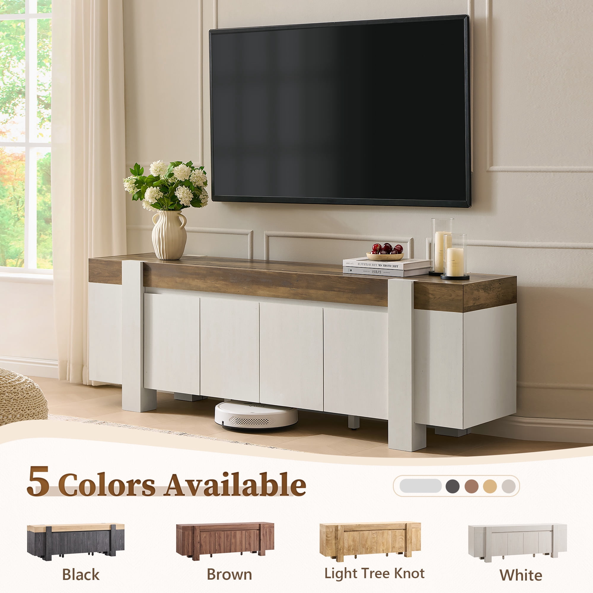 KeyWhat TV Stand for TVs Up to 80", Modern Farmhouse Entertainment Center with Storage Cabinet, Media Console Table for Living Room, Antique White