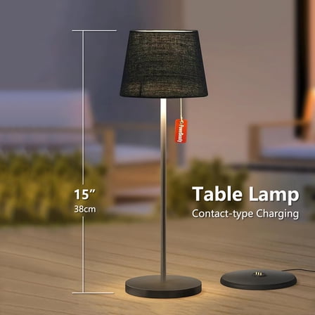 Postlucky 15" Portable LED Table Lamp with Charging Dock, Pull Chain Cordless Outdoor Desk Light Rechargeable, Black Metal Bracket & Linen Lampshade