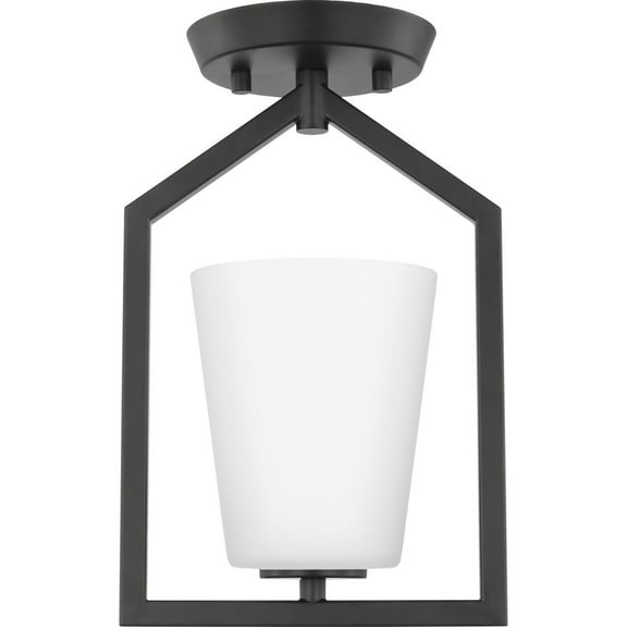Progress Lighting Vertex 1-Light Semi-Flush Mount, Matte Black, Etched Glass Shade