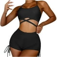 thumbnail image 1 of WREESH Women'S Solid Color Cross Drawstring High Waist Five Quarter Pants Bikini Swimsuit Beachwear Set, 1 of 8