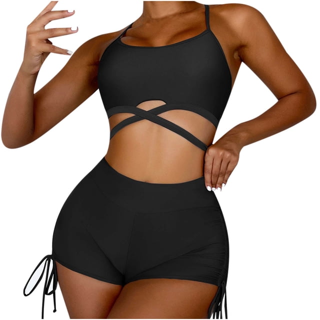 WREESH Women'S Solid Color Cross Drawstring High Waist Five Quarter Pants Bikini Swimsuit Beachwear Set