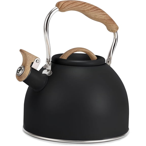 HIBIBUD Tea Kettle 100 Oz / 3 Liter Whistling Tea Kettle Tea Pots for Stove Top Food Grade Stainless Steel with Wood Pattern Folding Handle Loud Whistle Kettle for Tea Coffee Milk (Black)