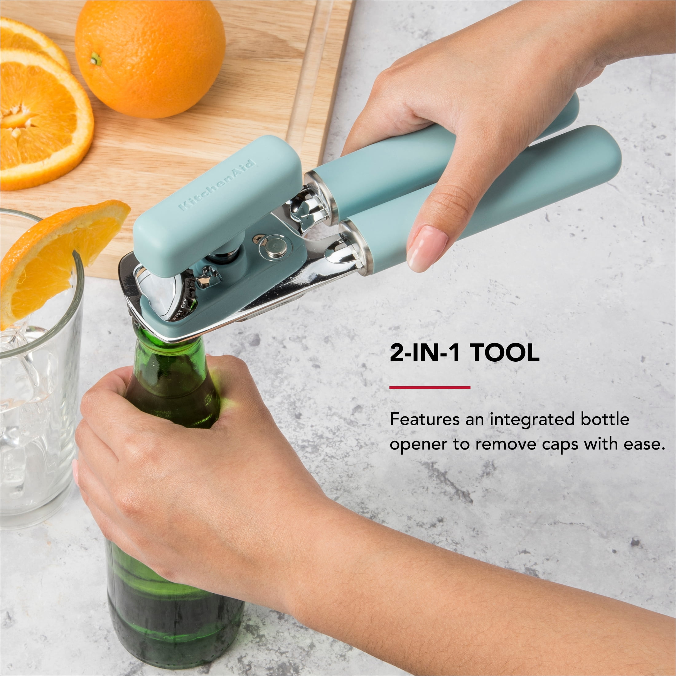 KitchenAid Stainless Steel Manual Can Opener with Bottle Opener and Ergonomic Grip, Mineral Water