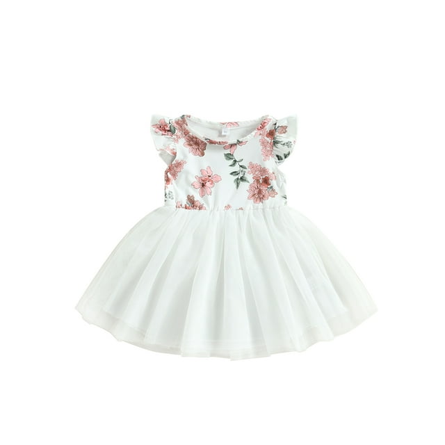 Kmbangi Robe Patchwork en Tulle à Imprimé Floral Manches Volantes Col Rond Ligne A pour Bébé Enfants Filles Été 1-5 Ans