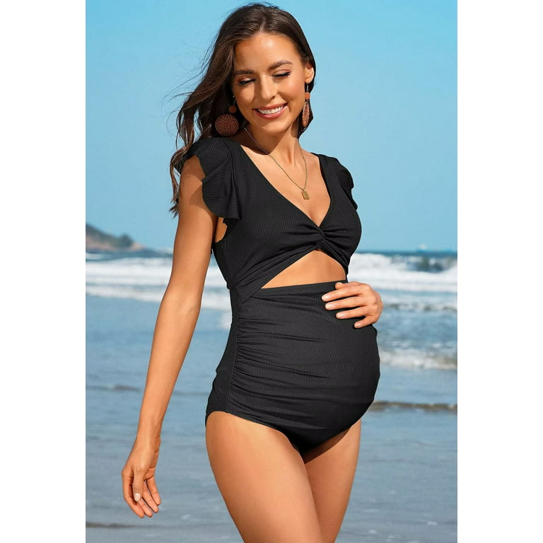 Charmo Ruffle Ribbed Maternity Swimsuit One Piece High Waisted Pregnancy  Bathing Suits Push Up Swimwear