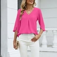 thumbnail image 3 of YueHuiYing Women's Fashion Solid-Color Chiffon Blouse with Mid-Length Sleeves Pleated V-Neck Loose Fit, 3 of 7