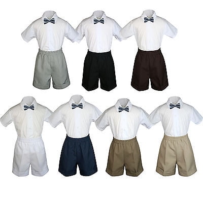 

3pc Set Boy Toddler Formal Party Dark Gray Bow Tie White Navy Khaki Shorts S-4T