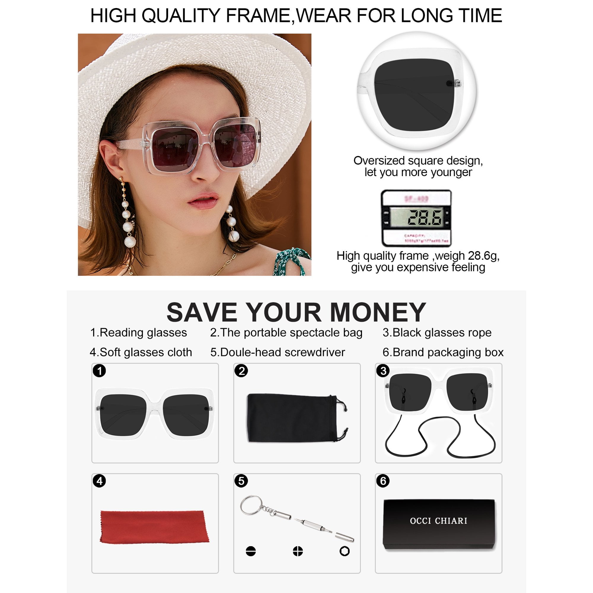 OCCI CHIARI Womens Sunglasses Reading Glasses Large Blue Light Blocker Sunglass Readers 2.25 UV Protection Outdoor 1.0 1.25 1.5 1.75 2.0 2.25 2.5 2.75 3.0 3.5 (Transparent, 2.25) Acrylic Lens