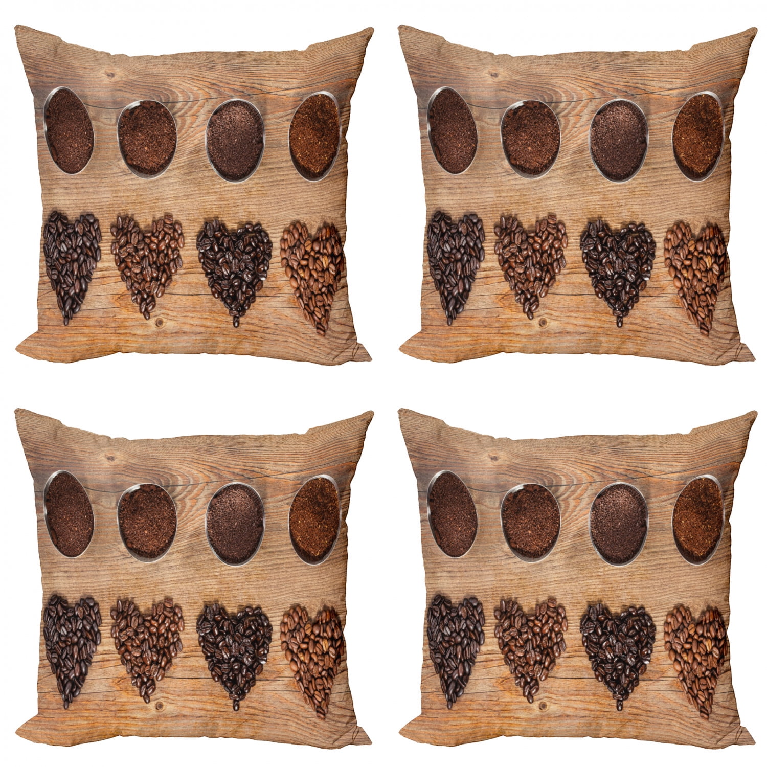 Coffee Throw Pillow Cushion Case Pack of 4, Overview Layout of Beans in the Shape of Hearts and