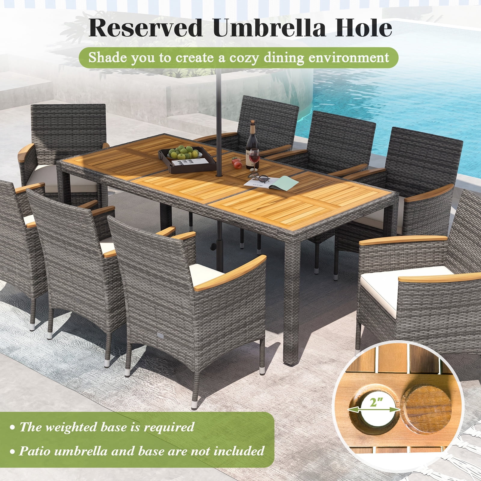 Patiojoy 9PCS Patio Rattan Furniture Dining Set Acacia Wood Table Cushioned Chair for Outdoor