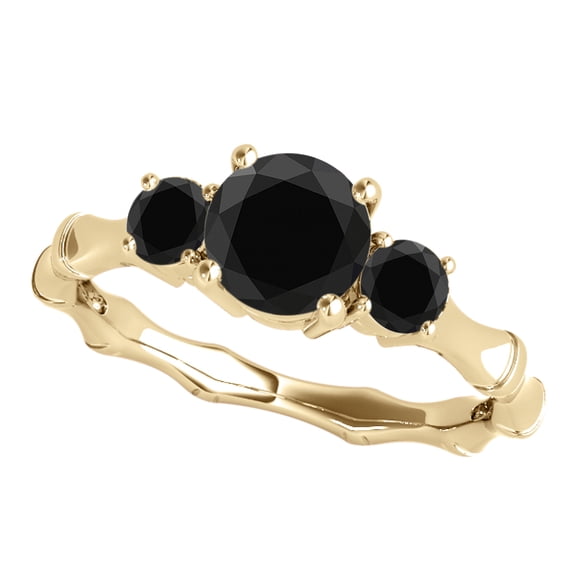 1 Carats Black Three Stone Round Diamond Ring 10K Solid Yellow Gold