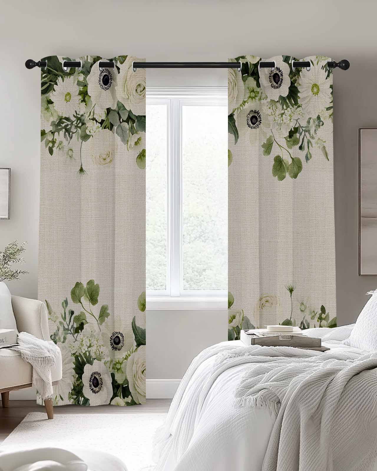 Spring Flower Blackout Curtains 63 Inch Length Watercolors White Wildflowers Green Leaves Linen Texture Thermal Insulated Window Curtain Window Drapes 2 Panels for Bedroom Living Room 52"Wx63"L