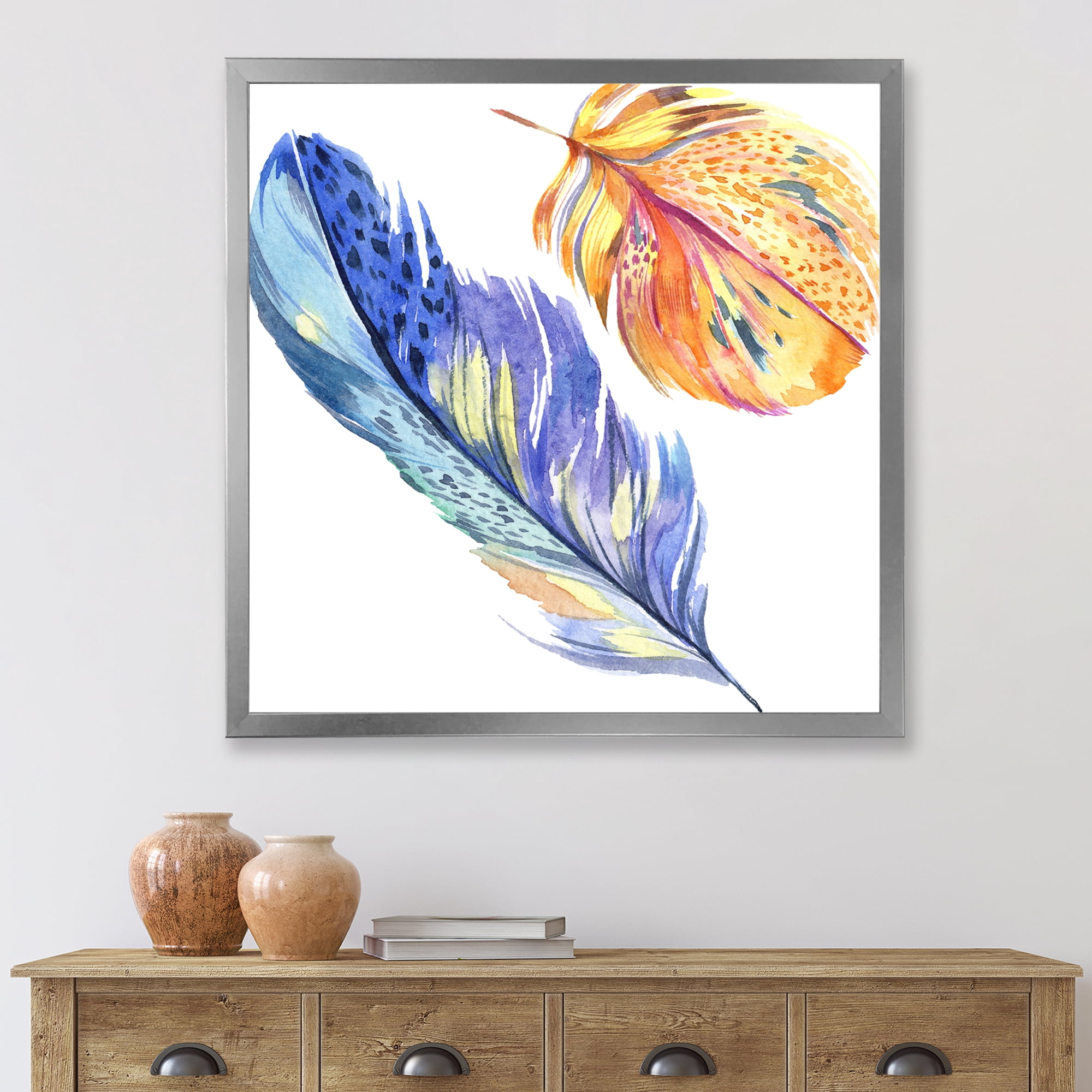 Designart 'Colorful Blue and Golden Bird Feather From Wing' Bohemian & Eclectic Framed Art Print