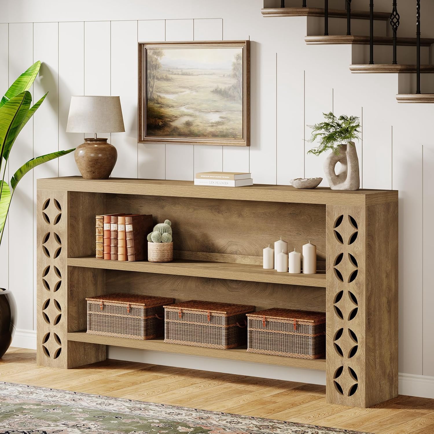 Tribesigns 70.9" Extra Long Console Table with Storage, 3-Tier Long Entryway Table for Hallway, Walnut