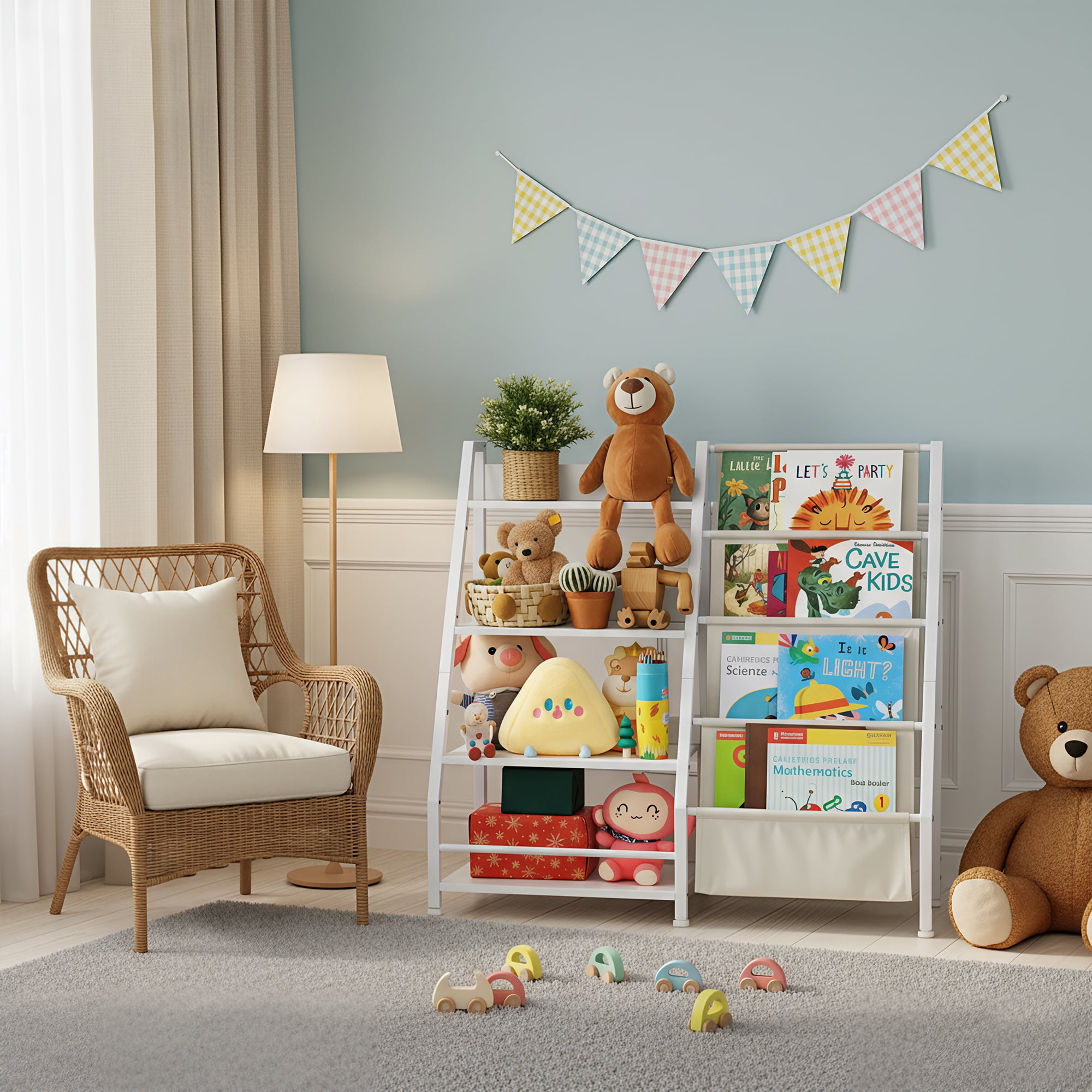 MAYEERTY Natural Wood Kids Bookshelf, 4-Tier Bookcase with Hanging Pockets, Children's Storage Organizer for Books & Toys