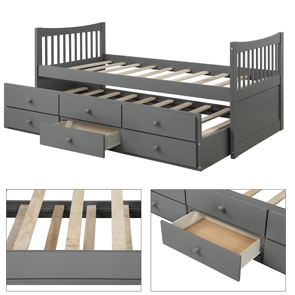 Twin Size Beds with Trundle and 3 Storage Drawers, Gray Twin Size Beds with Trundle and 3 Storage Drawers, Gray