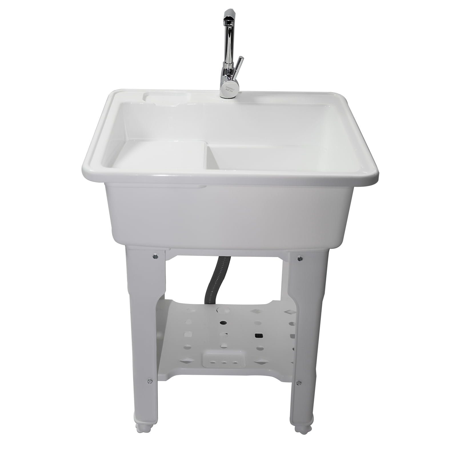 Freestanding Plastic Utility Sink Laundry Tub outdoor sink Drop in Deep sink kit with Inlet and Drain Pipe with Hot&Cold Faucet,Basement for Laundry Room&Garage or Shop,Size:25.59*21.65*31.5in(white)