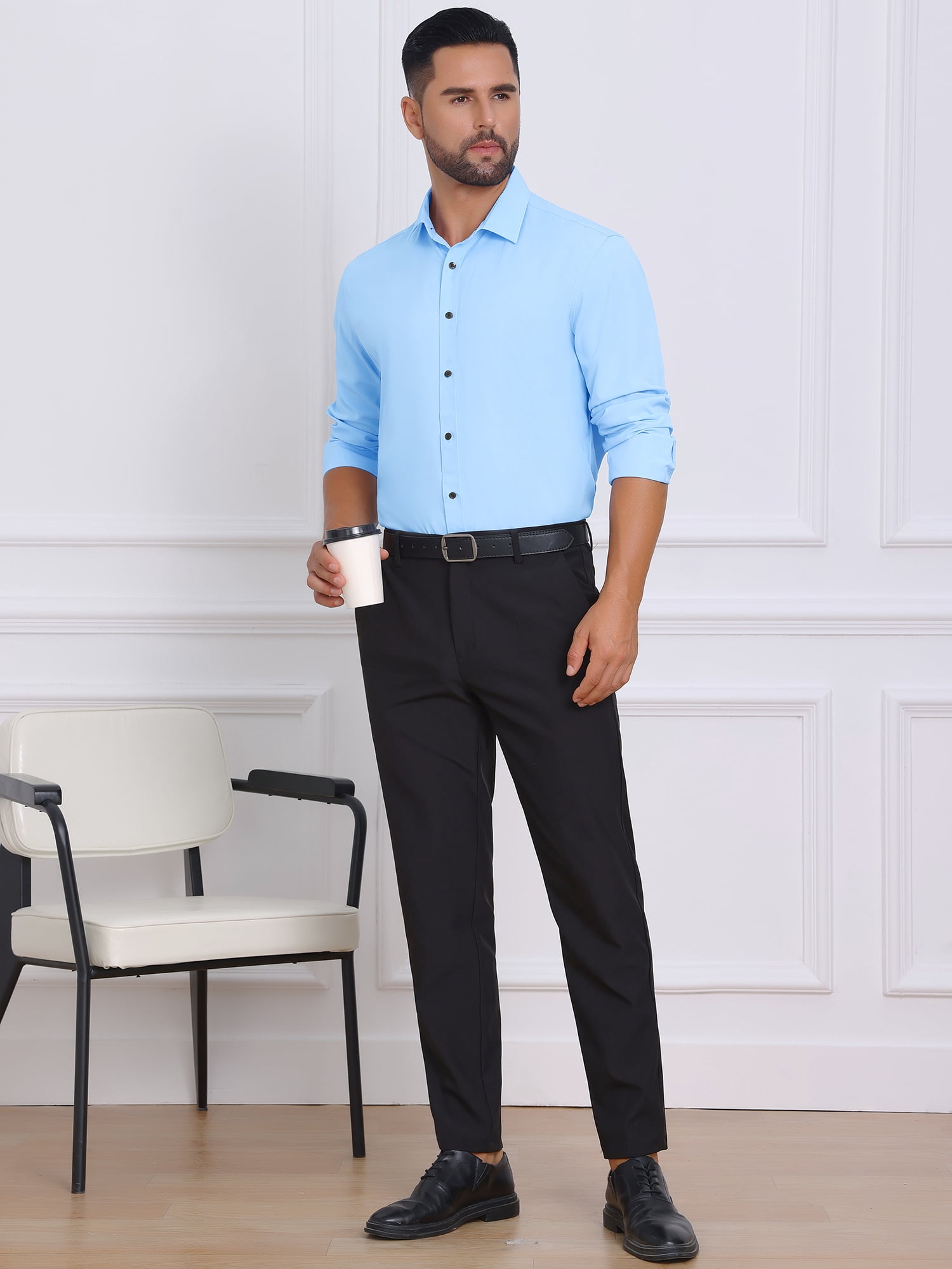 DARING DIVA Men's Solid Color Button Down Long Sleeves Stretch Shirts XL Light Blue
