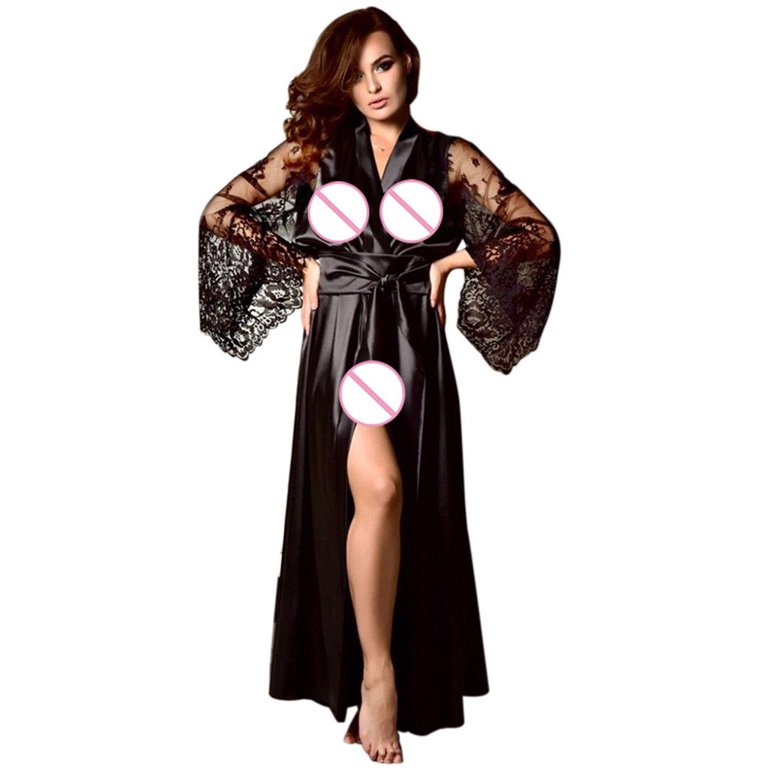 JDEFEG Nightie and Robe Set Satin Silk Nightgown Long Sleepwear Robe  Lingerie Lace Nightdress Women Fringe Dress with Belt Polyester Black Xxxl  