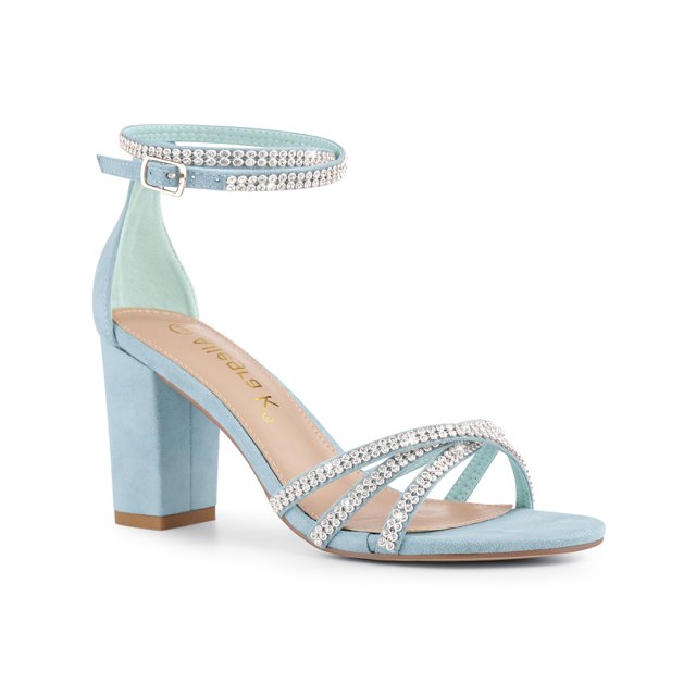 BLISSFUL STEP Women's Shoes Rhinestone Crisscross Strappy Block Heel Faux Suede Ankle Buckle Sandals SkyBlue 8