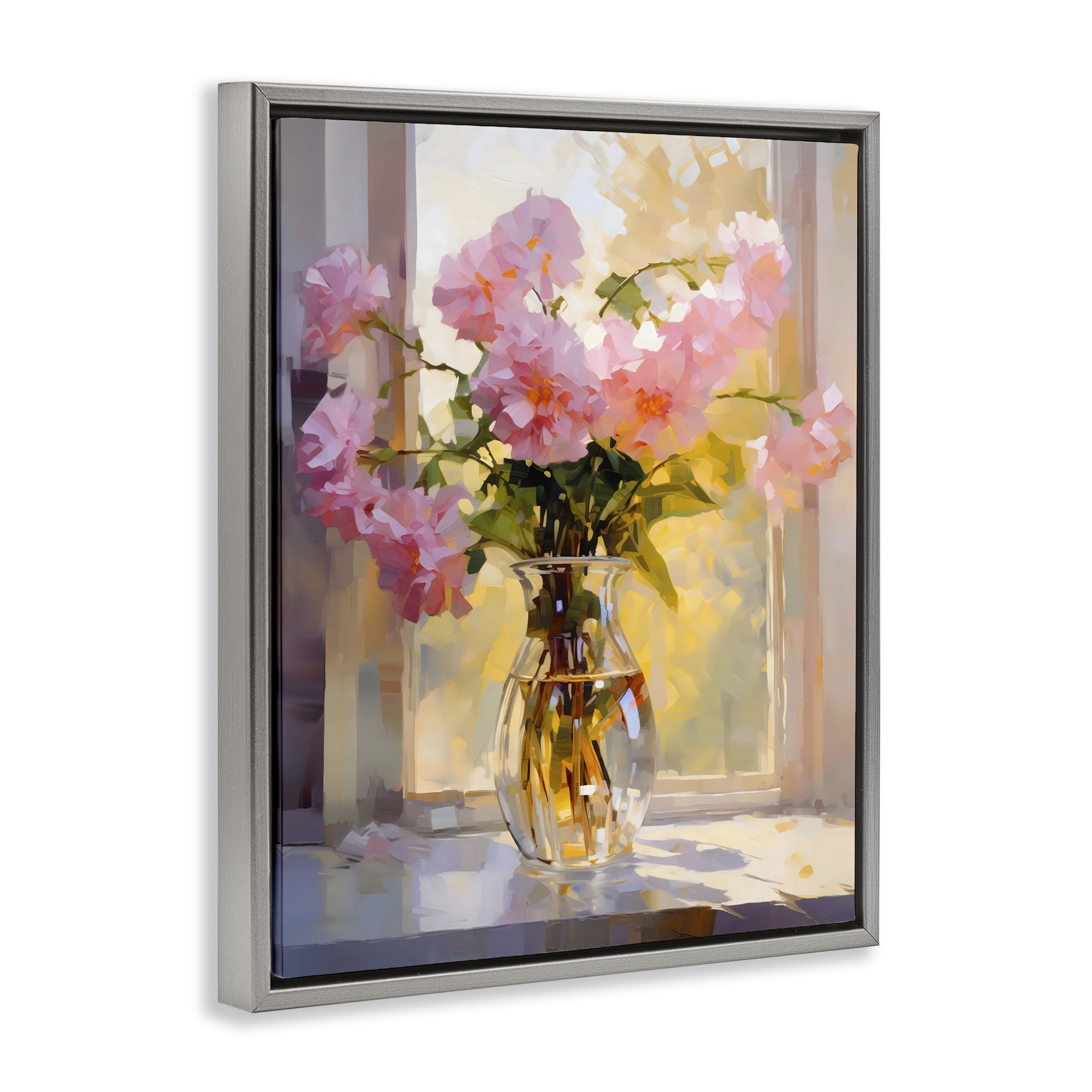 Pink Flowers in Sunlit Vase Gray Floating Frame Canvas Art, 17 x 21 - By Creative Studio