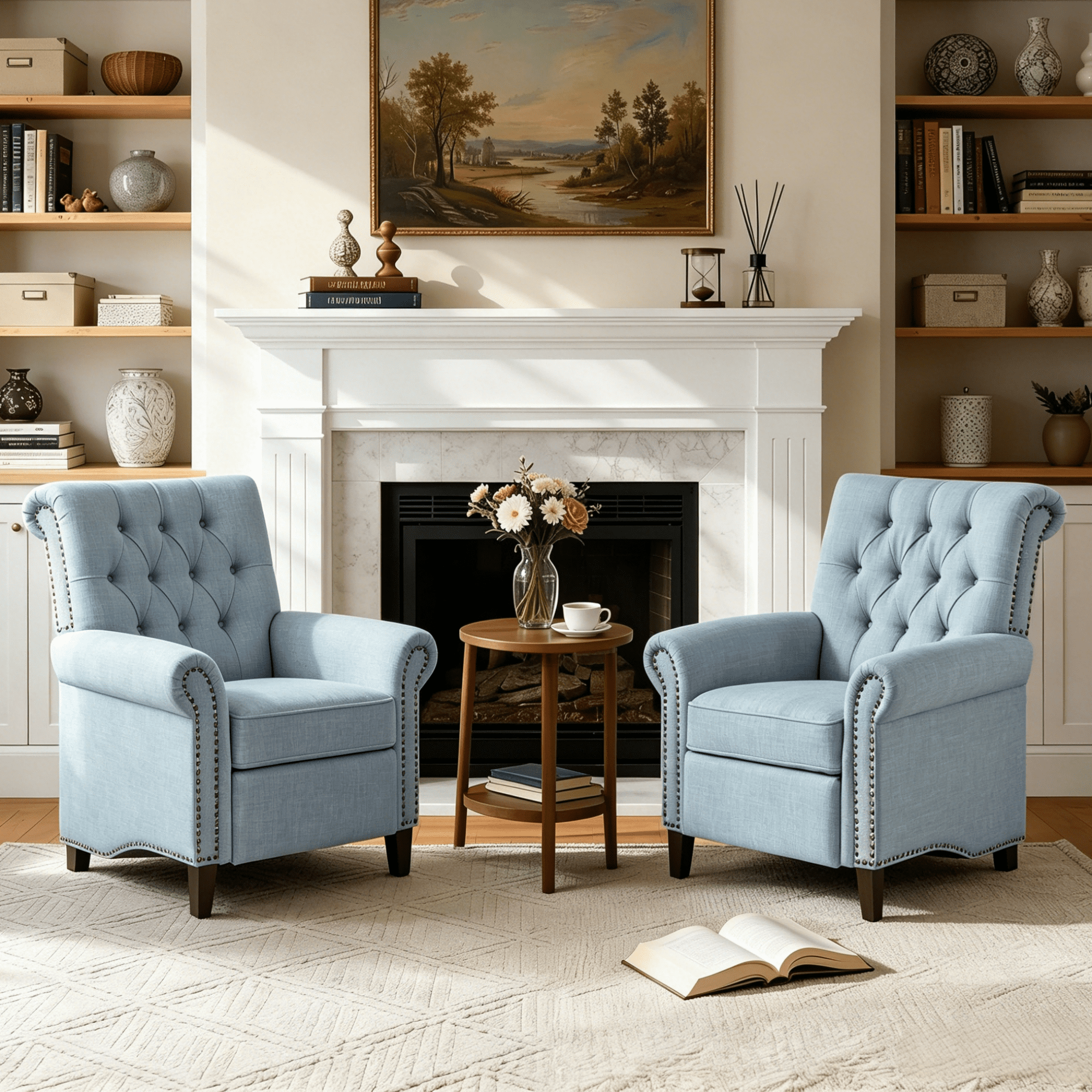 Gewnee 29.92" Manual Push Back Recliner,Modern Reclining Linen Chair With Nail-Head Trim,Tufted Back,Rolled Armrests,Single Chair for Living Room,Office,Bedroom.Blue