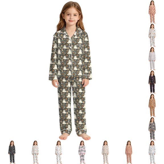 CUZIBR Girls Outfits Cartoon Print Lapel Collar Long Sleeve Blouse Pants Halloween Graphic Sleepwear Cozy Home Pajama Sleepwear Outfit Comfortable Nightwear Clothes Sets,5-White,9-10 Years