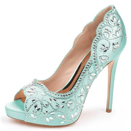 XYD Women Bride Peep Toe Platform Pumps Rhinestones Studded Satin Stiletto High Heels Slip On Wedding Shoes Size 15.5 Green