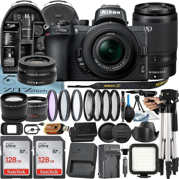 Nikon Z50 Mirrorless Camera with NIKKOR 16-50mm   DX 50-250mm Zoom Lens   2 Pack 128GB SanDisk Card   Case   Tripod   ZeeTech Accessory Bundle