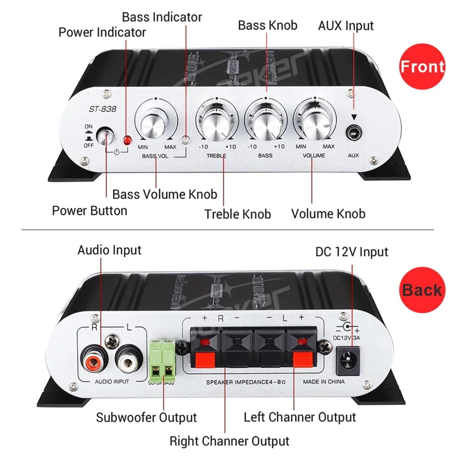 Amplifier ST-838 2.1 Channel Subwoofer Stereo Bass Amp RMS 20Wx2+40W Class D Mini Amplifiers Media Player ,High Sound