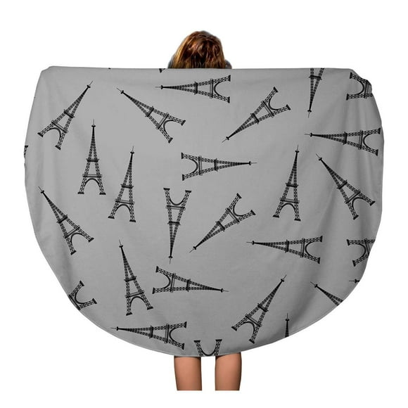NUDECOR 60 inch Round Beach Towel Blanket Eiffel Eifel Tower Silhouette on Grey Pattern Tour Architecture Travel Circle Circular Towels Mat Tapestry Beach Throw