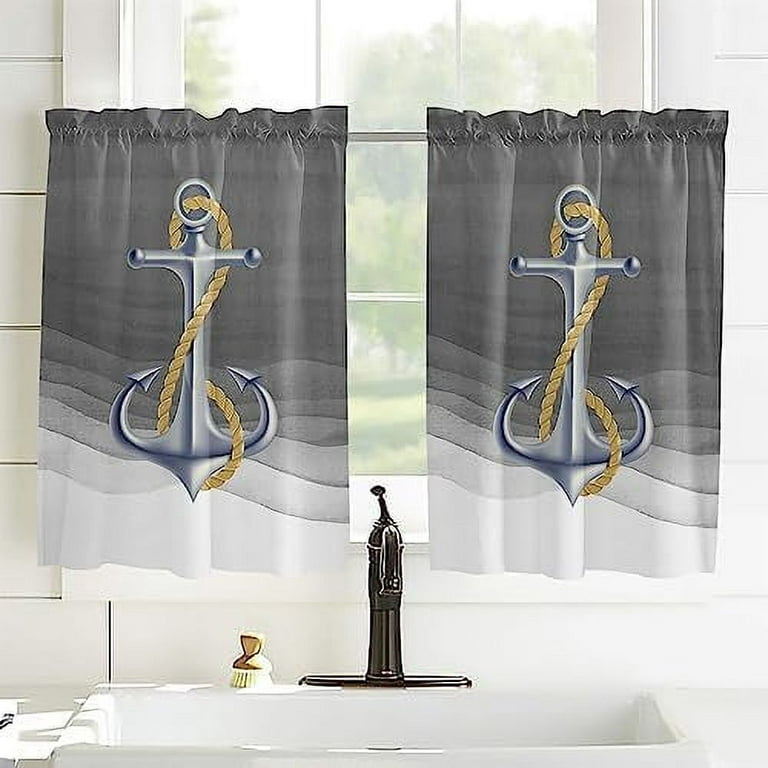 Window Curtains 54 Inches Long Set Of 2 Panels Ocean Nautical Anchor Rod Pocket Kitchen Summer Sea Sailboat Grant Grey Light Filtering Curtain For Bathroom Cafe Bedroom 84x54 Com