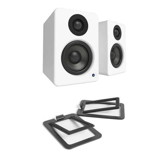 Kanto YU2 PC Gaming Desktop Speakers | 3" Composite Drivers | 3/4" Silk Dome Tweeter | Class D Amplifier | Pair | Matte White with a S2 Angled Desktop Speaker Stands- Black (Pair) (2022)