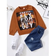 Kids Boys Clothes Little Boys 2PCS Outfits 6-7 Years Boys Letter Print Long Sleeve Round Neckline Top Jeans Pants Set Brown