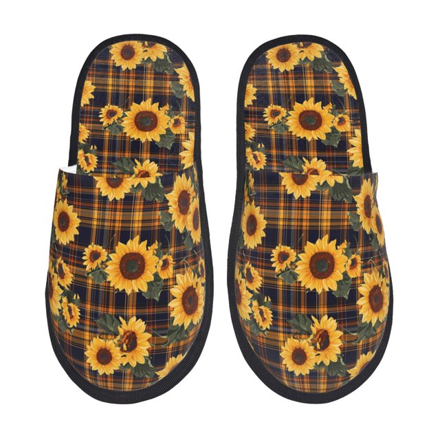 Balery Brown Blue Plaid Sunflower Pantuflas de Casa de Felpa Silenciosas con Diseño Estampado, Zapatillas Cómodas Antideslizantes de Algodón para Interior-Large