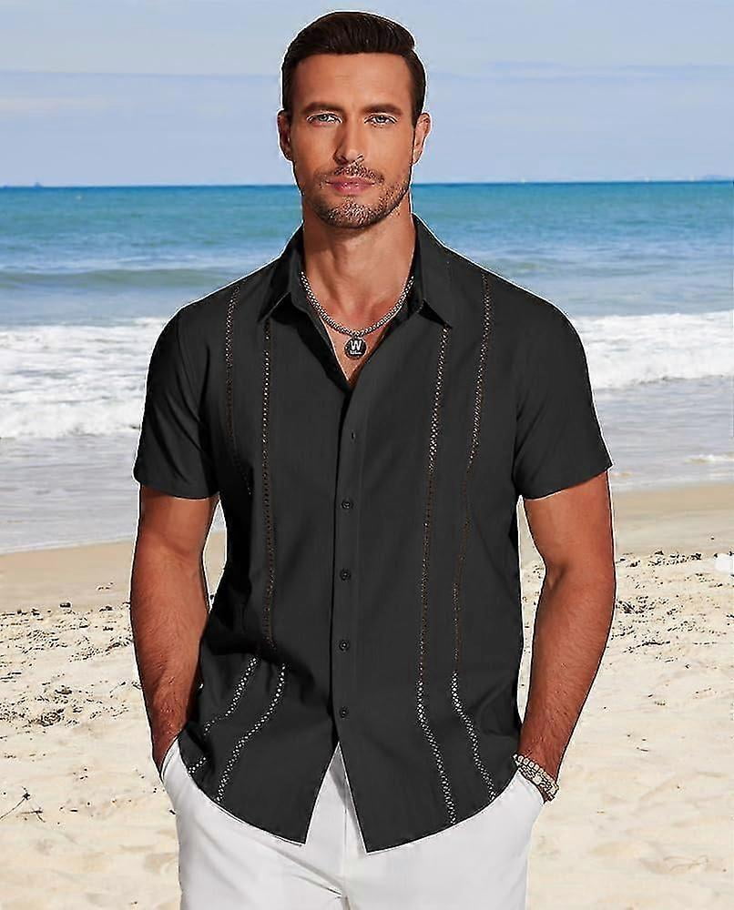 Men's Guayabera Shirt - Cuban Beach Button Down With Embroidered Detail, Relaxed Fit, Black