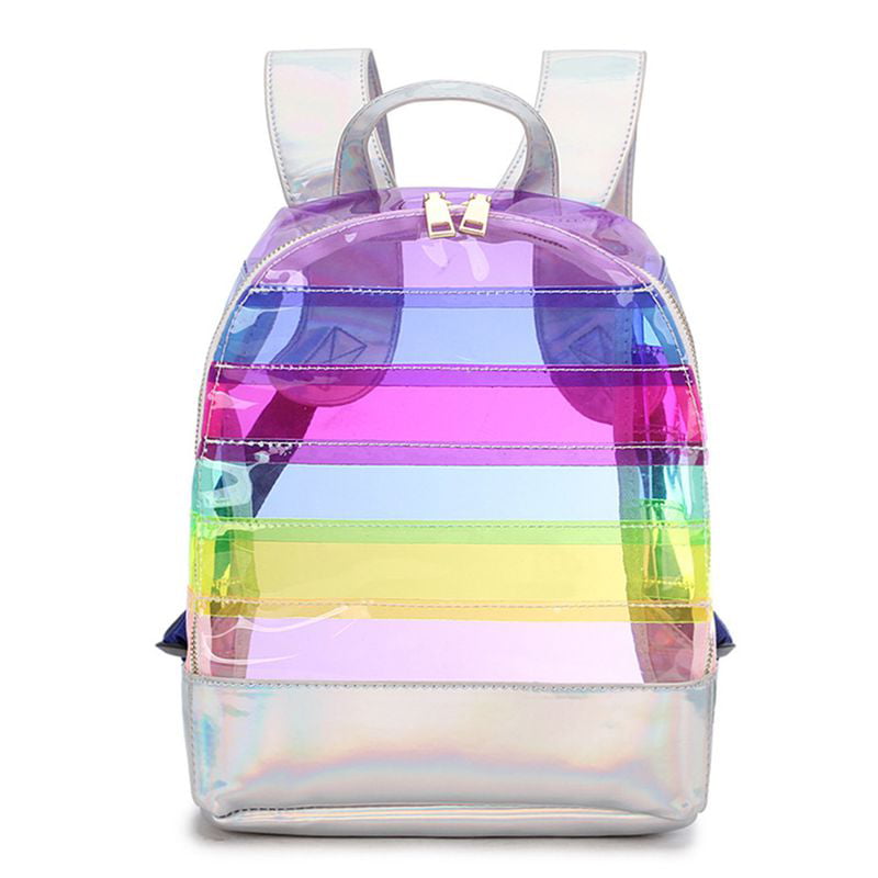 PWFE Rainbow Holographic PVC Backpack for Girls Leather Shiny Clear  Backpack Perfect for School(Purple)