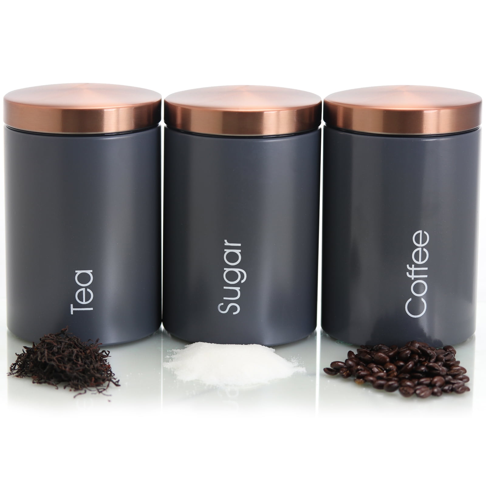 MegaChef Essential Kitchen Storage 3 Piece Sugar, Coffee and Tea Canister Set in Matte Gray