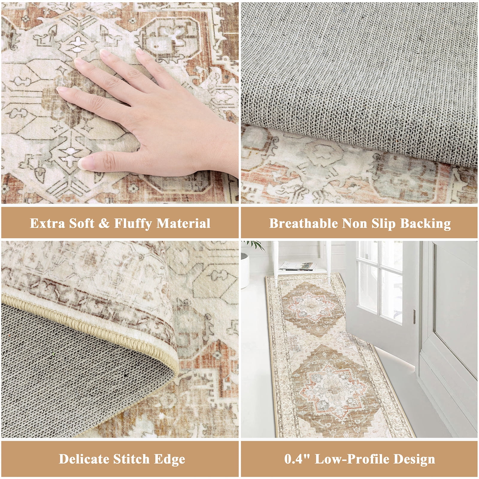 Ileading 2' x 6' Boho Runner Rugs Washable Area Rug Carpet Non Slip Runner Rug for Home Decor Entryway Hallway Bedroom