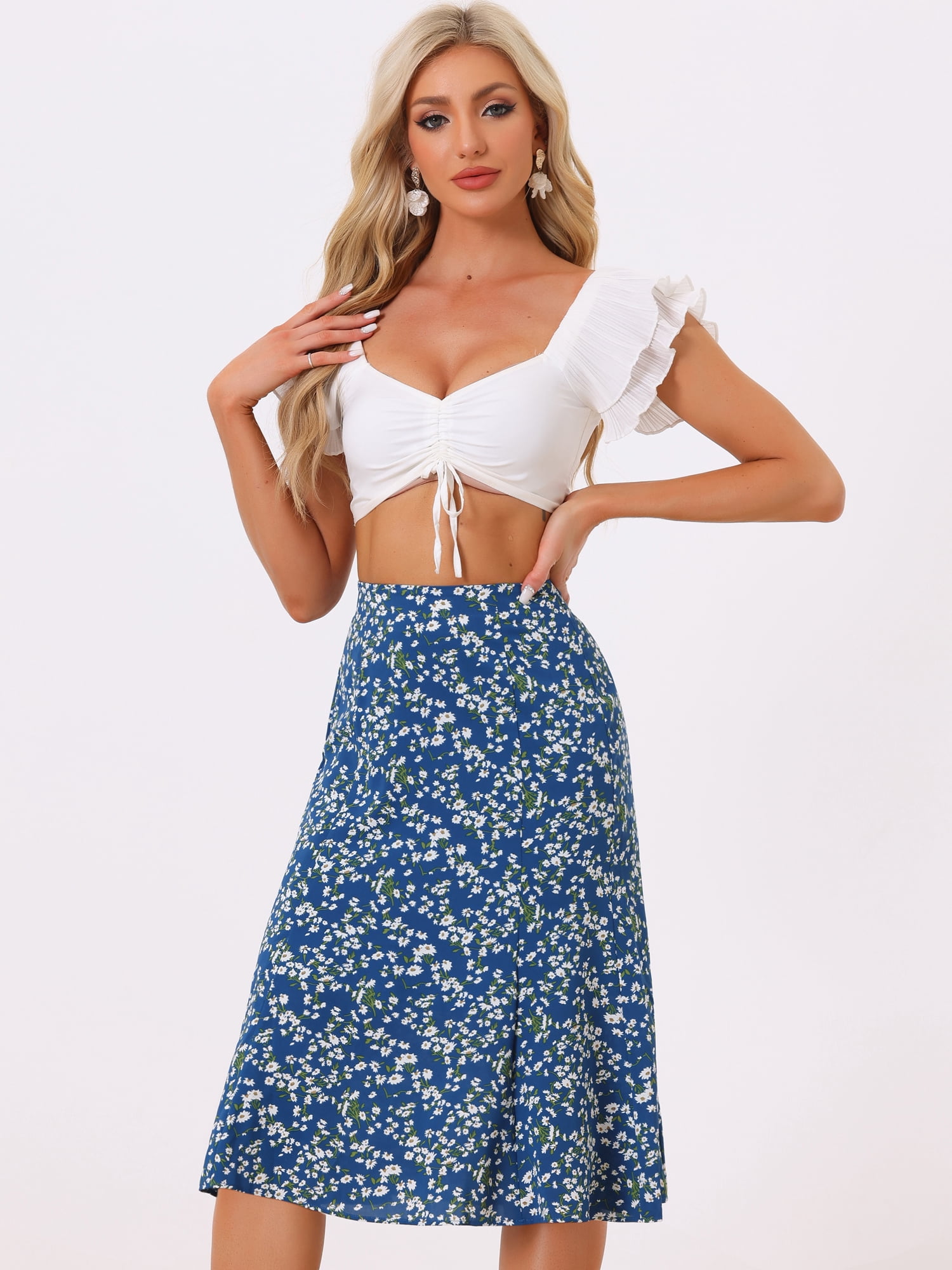 DARING DIVA Women's Elastic Waist A-Line Floral Print Midi Skirt XS Blue