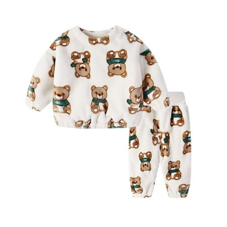 

LNWUY Children s Pajamas Boys and Girls Children s Thick Warm Fleece Home Clothes Suit Baby Plush Pajamas Long-Sleeved Round Neck Shirt Suit Beige 5 Years