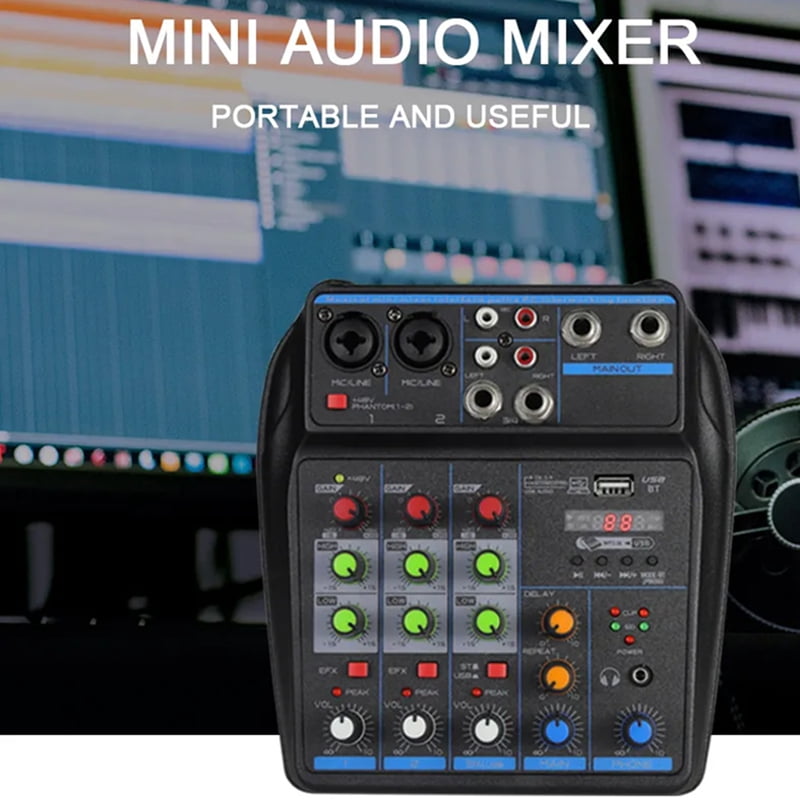 Katigan 4 Channel Audio Mixer Mini Sound Mixing Console Bluetooth 48V Power Supply for Music DJ Recording Karaoke System