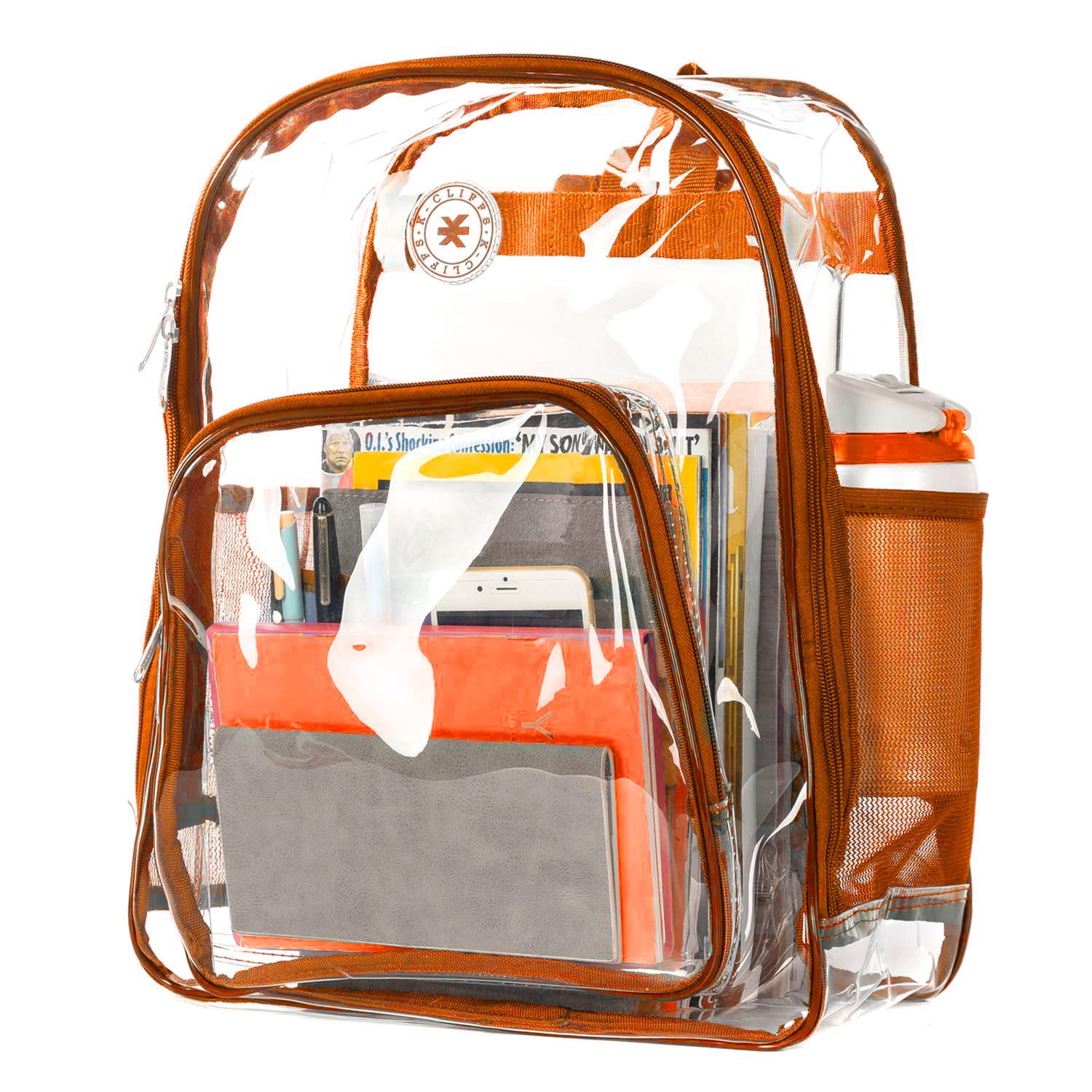 K-Cliffs 17" Clear Transparent PVC School Backpack in Orange Unisex  Teen-Adult