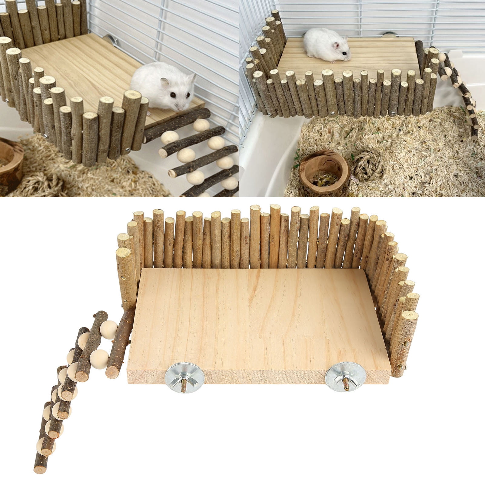 Yajisi Hamster Climbing Platform Wooden Chewing Toy Small Pet Activity Playground with Fence for Sugar Glider Golden Bear Screw Type, 9.45 inches / 24 cm