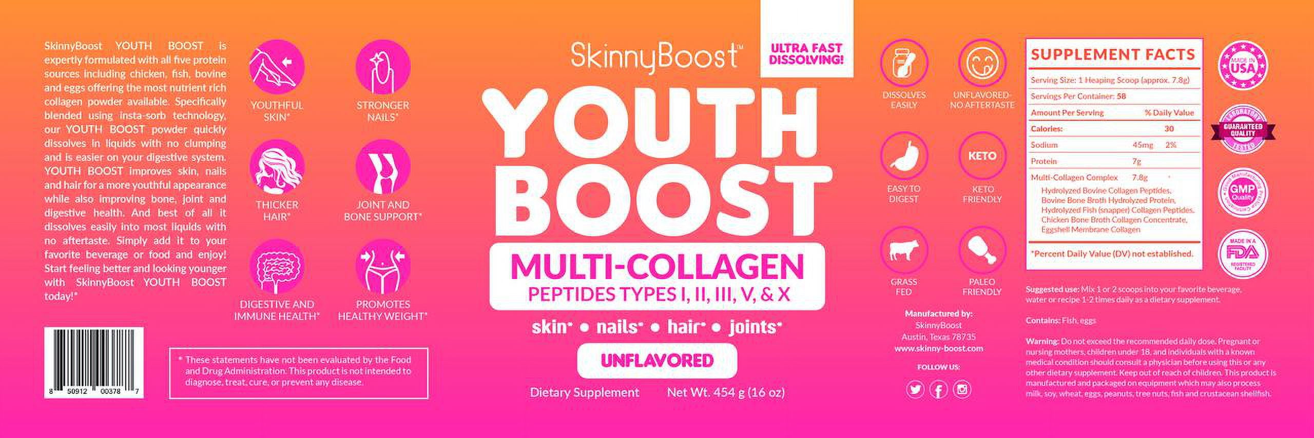 SkinnyBoost Youth Boost Advanced Multi-Collagen Powder - 5 Types of Hydrolyzed Collagen Peptides for Hair, Skin, Nails & Joints. Fast Dissolving, Grass Fed, Keto Friendly - Unflavored(58 Servings)