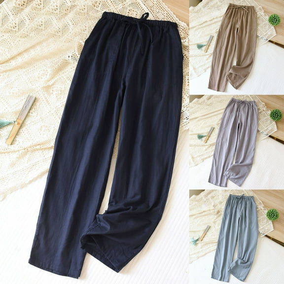 DDAPJ pyju Womens Cotton Gauze Pants Drawstring High Waisted Wide Leg Palazzo Pants Comfy Baggy Lounge Beach Trousers with Pockets Gray L