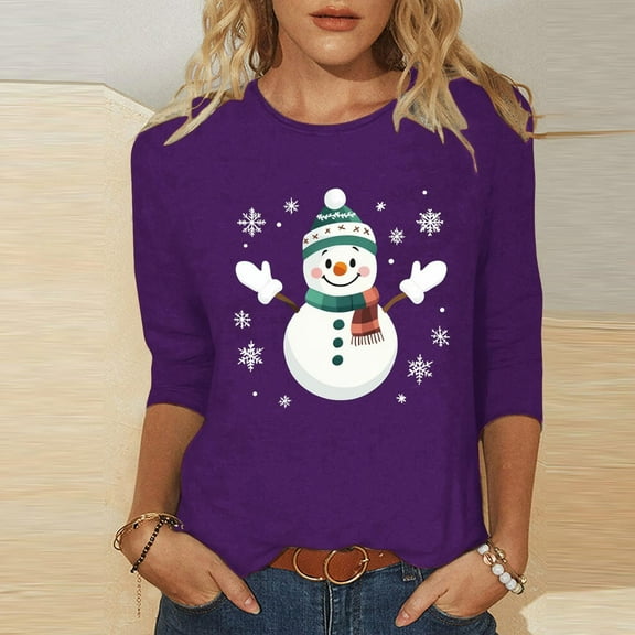 Cadancy Women's 3/4 Sleeve Tops Christmas Snowman Vintage Holiday Shirts Plus Size Dressy Party Winter Shirt Crewneck Xmas Funny Casual Loose Blouses